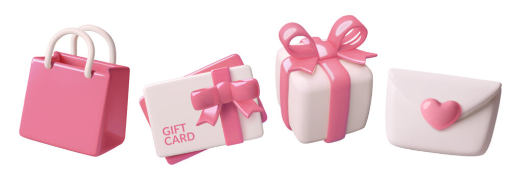Valentines Day presents 3d emoji set. Cute gift card, gift pox, pink shopping bag and envelope with heart. Vector illustrations set.