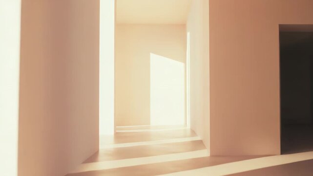Abstract architectural space highlighting modern design elements and creating a sense of depth, with warm sunrays casting long shadows on the floor along a clean, geometric path forward