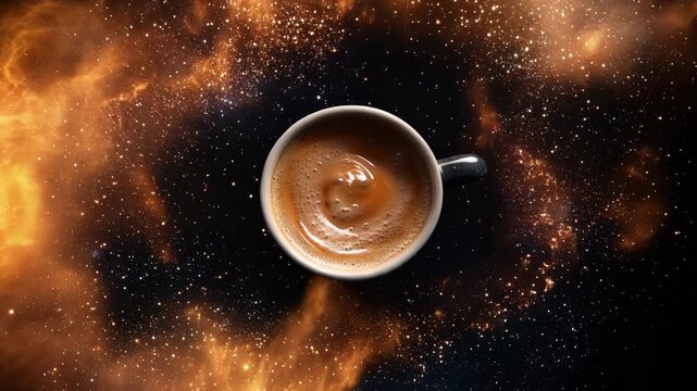 Top view coffee cup floating in starfield as golden nebula swirls and crema ripple forms vortex
