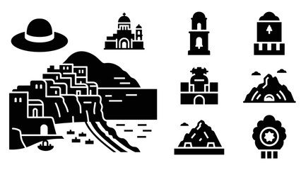 Naklejka premium Greek island icons: black and white minimalist travel landmarks