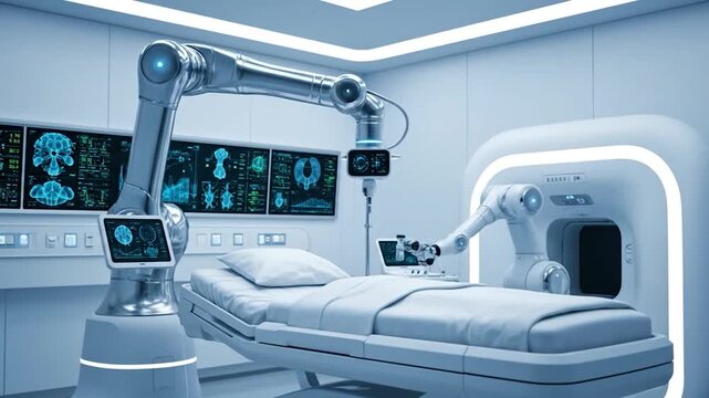 Futuristic medical room with robotic arm and bed, advanced technology in healthcare and diagnostic procedures