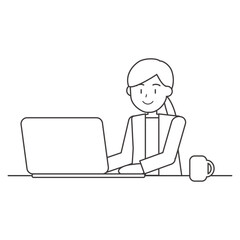 ノートパソコンで作業する女性の線画イラスト　オフィスワーク素材