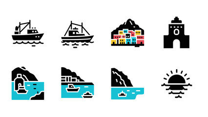Naklejka premium Coastal icons set featuring boats, buildings, and ocean landscapes in modern flat design