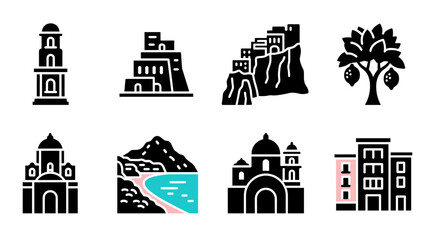 Fototapeta premium Colorful italian architecture and landscape icons set