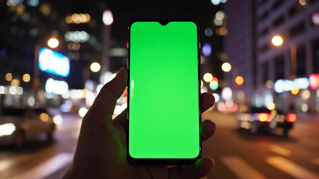 Hand holding a smartphone with a green screen display against a vibrant urban night bokeh, perfect for content overlay.