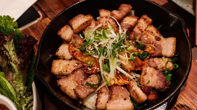 close up of Korean grilled pork belly with kimchi and spring onion in a black pan with copy space