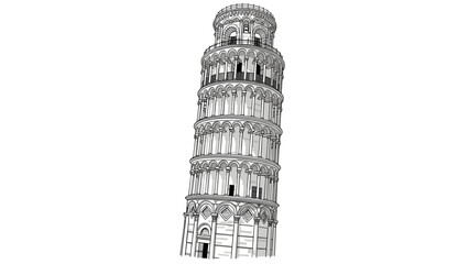 Detailed architectural drawing of the leaning tower of pisa in black and white