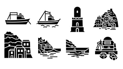 Naklejka premium Nautical and coastal icon set featuring boats and seaside architecture in silhouette style