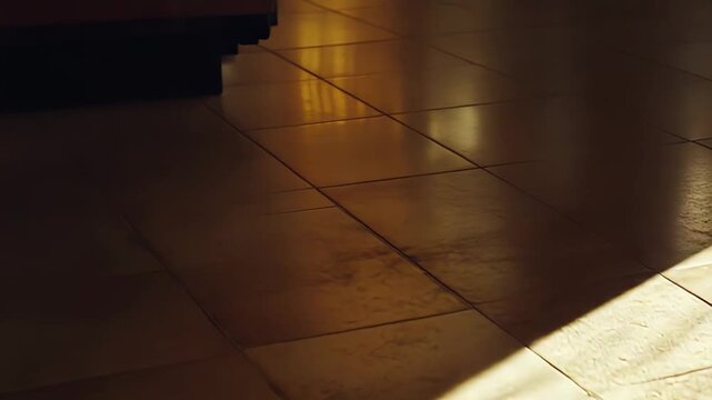 Sunlight illuminating tan floor tiles, forming abstract diagonal patterns of warm light and dark shadows across the indoor flooring, representing peaceful ambiance and natural beauty