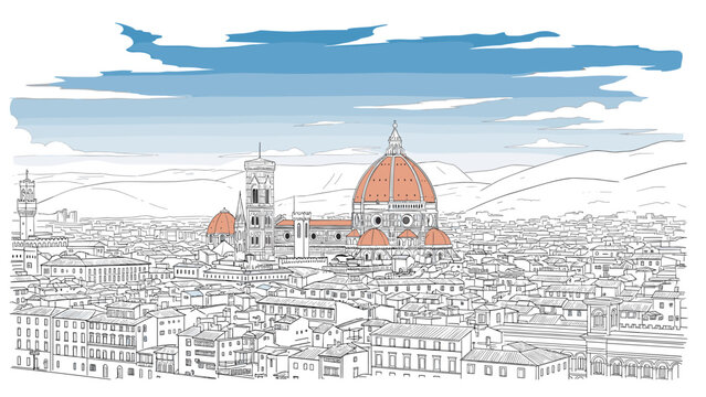 Panoramic view of florence cathedral with detailed cityscape in linear art style