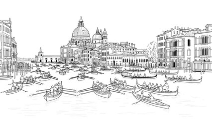 Venetian canal scene with gondolas and historic architecture in linear style