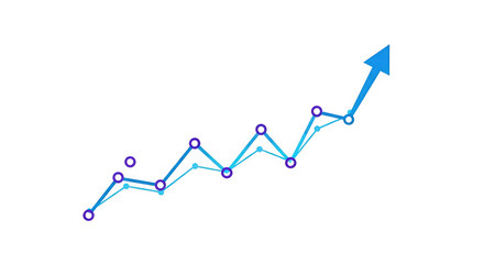 Blue and purple upward trending line with arrow and dots on black background isolated on a transparent background