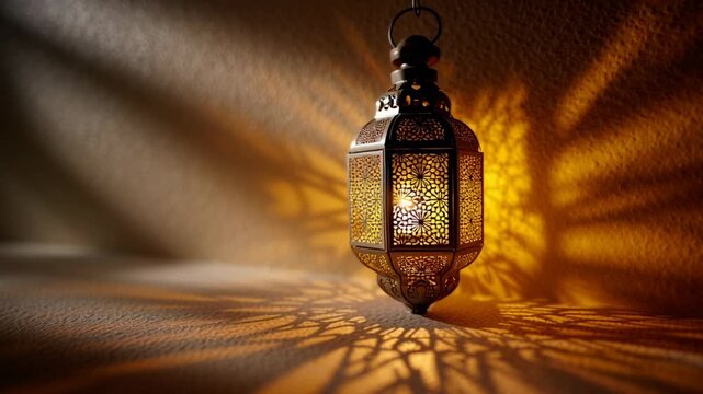 Warm light spills from an ornately designed lantern, casting intricate patterns on walls. Shadows softly rhythm with the flicker, creating a tranquil ambiance and inviting reflection