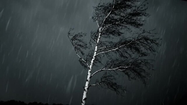 The video shows a resilient birch tree enduring a relentless downpour and gale-force winds under a monochrome, stormy sky. The branches whip violently, showcasing the struggle against severe weather 