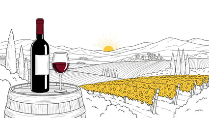 Fototapeta premium Wine bottle and glass on barrel in scenic vineyard at sunset with hills and sunflowers