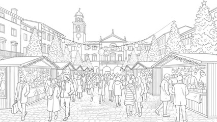 Obraz premium Festive holiday market in historic square line art