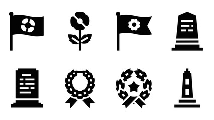 Memorial and commemorative icons set: flags, wreaths, and monuments in bold silhouette style