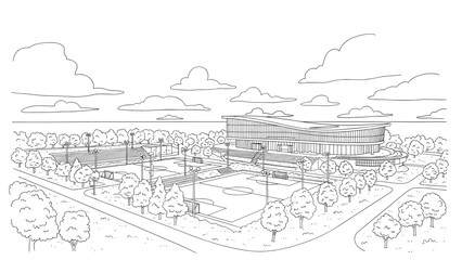 Obraz premium Modern sports complex with outdoor courts and green landscape