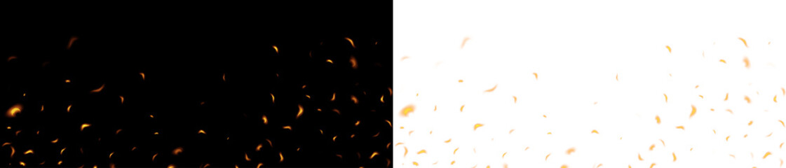 Realistic fire flames with glowing embers and sparks isolated on transparent background. Warm...