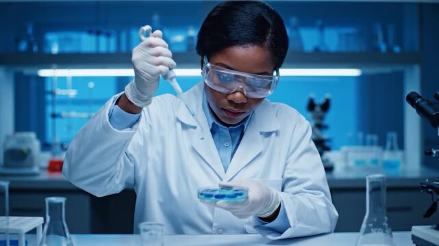 Female scientist working with microplate during experiment in modern research laboratory footage