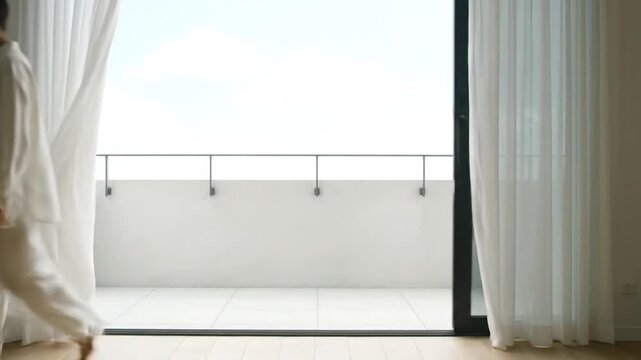 A man in white loungewear wakes up, opens sheer curtains, and slides open a glass door leading to a sunlit, minimalist balcony, letting fresh air and light into the modern room.