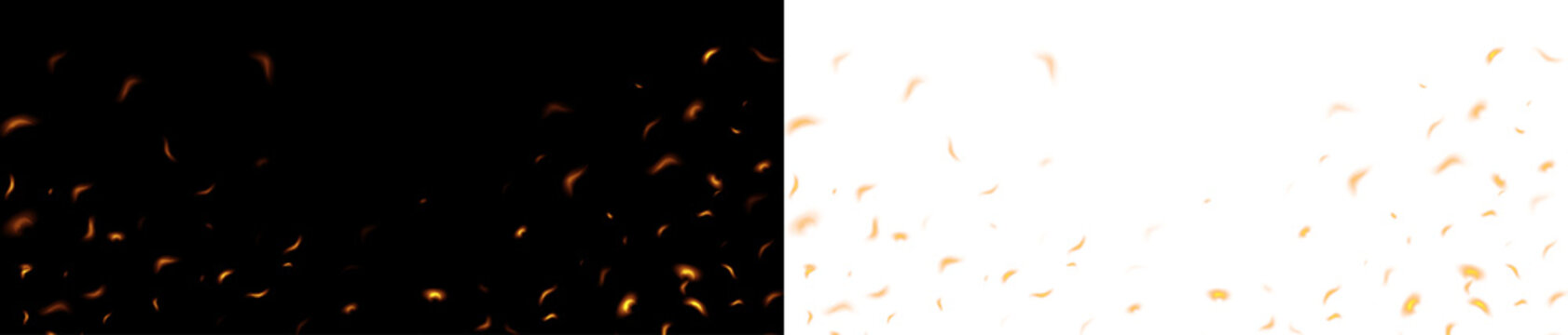 Realistic fire flames with glowing embers and sparks isolated on transparent background. Warm flowing fire effect for overlay design.