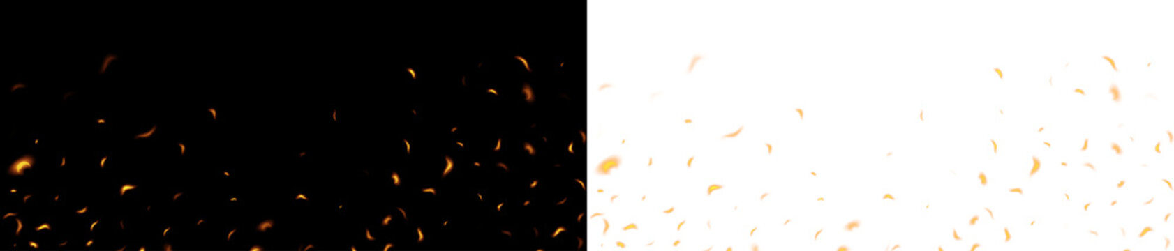 Realistic fire flames with glowing embers and sparks isolated on transparent background. Warm flowing fire effect for overlay design.