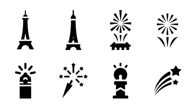 Paris silhouettes with fireworks and iconic symbols