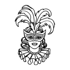Carnaval de Venecia. Dibujo con líneas de la cabeza de una mujer con una máscara de carnaval o de fiesta con plumas y cuello tipo gorguera. © teracreonte