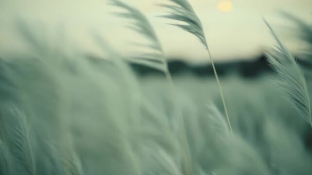 White fluffy kashful grass plumes swaying gently in a field, capturing the soft movement of wind and natural beauty of the plant life under a serene, muted sky