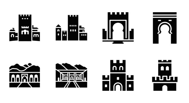 Collection of castle icons with arches and towers in minimalist black silhouette style