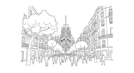 Obraz premium Line art cityscape of barcelona featuring sagrada familia and urban scene with trees and architecture