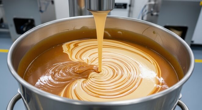 Thick golden caramel sauce being poured and swirled into a stainless steel bowl, creating beautiful textures during preparation.