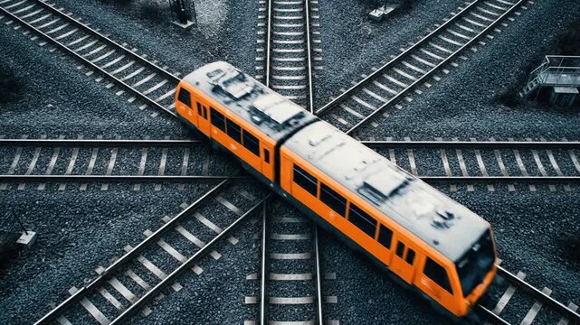 An orange commuter train traverses a complex diamond rail intersection. The high-angle view emphasizes the geometric pattern of the dark tracks and fast-moving transit.