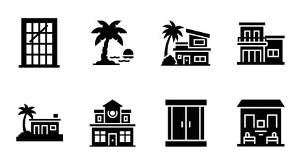 Obraz premium Minimalist black and white icons of modern buildings and scenic beach palm trees