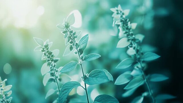 Fresh green herb plants with small leaves and flowering structures thriving in soft, backlit natural light, creating a serene and organic growth backdrop