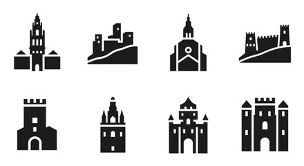 Black silhouette icons of various castles and historic buildings