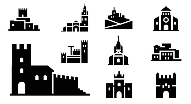 Collection of historic castle and church silhouettes - medieval architecture icons set