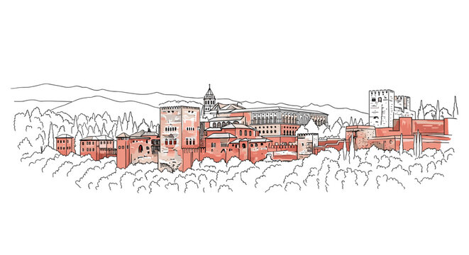 Alhambra palace outline with sierra nevada background highlighting detailed architecture