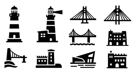 Naklejka premium Silhouette icons of lighthouses, bridges, and castles: bold architectural designs