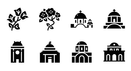 Fototapeta premium Silhouette icons of floral and architectural landmarks in black and white