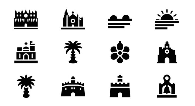 Monochrome icon set of mexican landmarks and nature elements