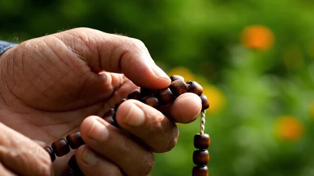 A person's hands rhythmically move wooden prayer beads (Tasbih/Rosary) in a continuous cycle, suggesting deep prayer or meditation in a sunlit outdoor garden setting.