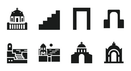 Fototapeta premium Architectural icon set featuring minimalist silhouettes of historical buildings and structures
