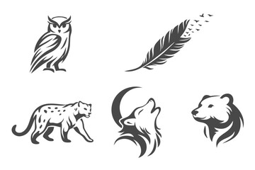 Fototapeta premium Dark wildlife silhouette set: owl, feather turning into birds, walking leopard, howling wolf with moon, and lion head. Mystic nature symbols for tattoo, logo, night and freedom themes.