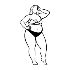 Dibujo sencillo con líneas de mujer con traje de baño o ropa interior con sobrepeso de pie  © teracreonte