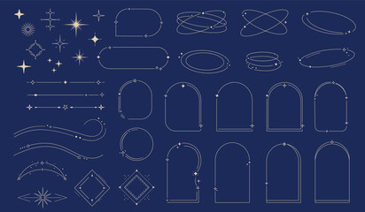 Modern minimalist line frames and star elements set, aesthetic geometric borders, arch frames, decorative dividers and abstract shapes, boho celestial vector elements isolated on dark background © Anna (Bile Platno)