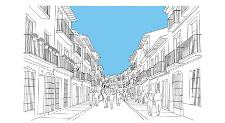 Fototapeta premium Linear cityscape of a historic european street with strolling people