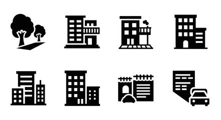 Urban building silhouettes set featuring various residential and commercial structures