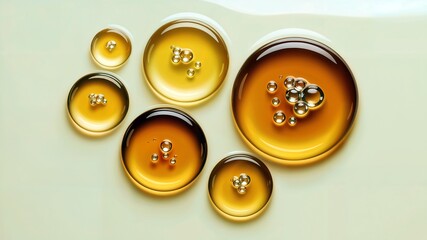 Fototapeta premium Golden Liquid Droplets with air bubbles showcasing surface tension and viscosity properties.
